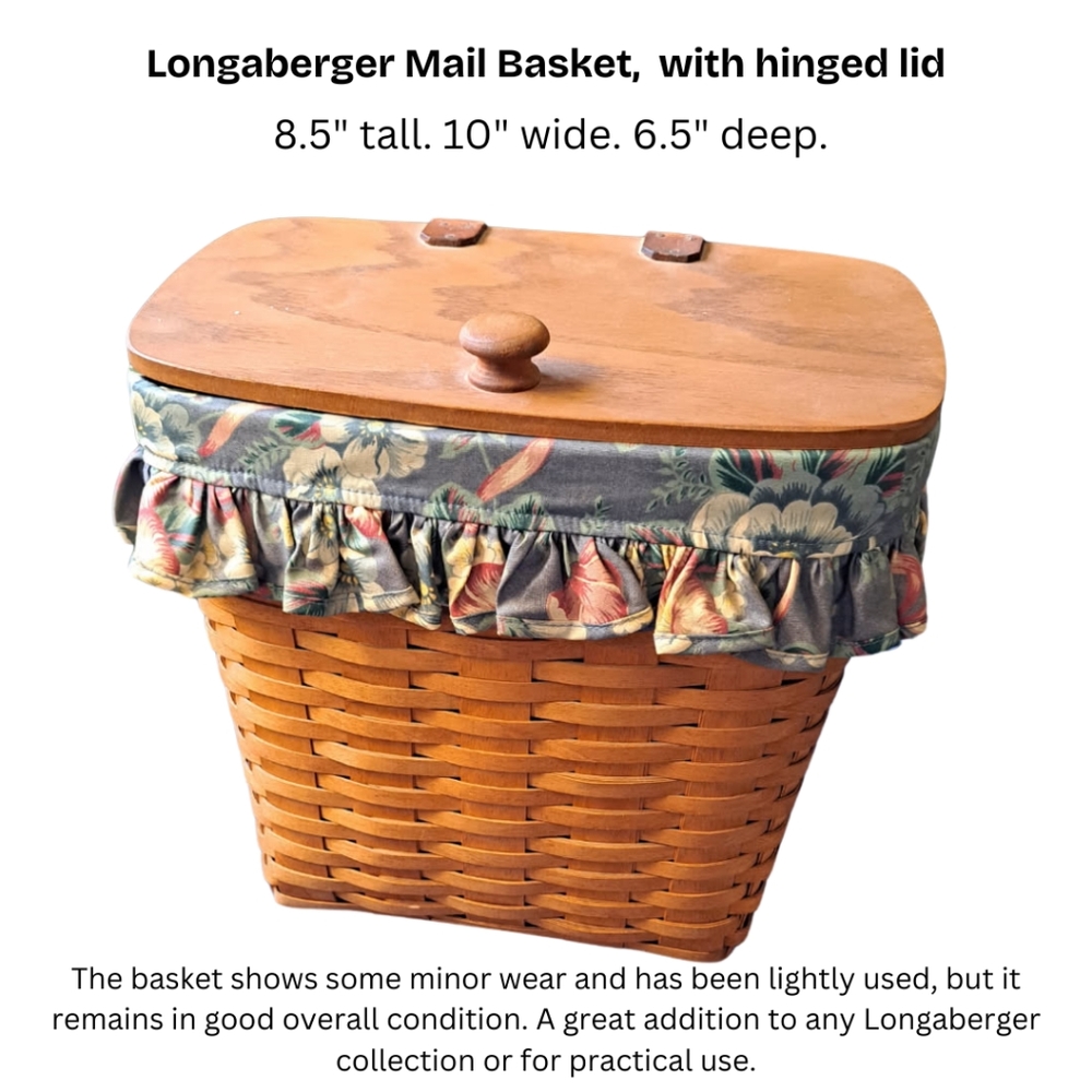 Longaberger Vintage Large Mail basket, with hinged lid, leather hanging strap